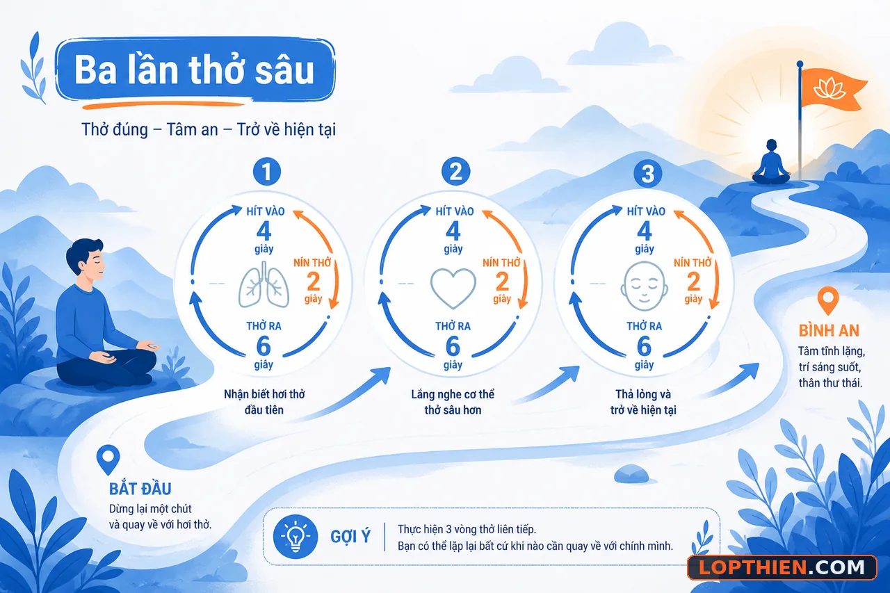 Hình minh họa ba bước hít thở sâu cho tập thiền cơ bản