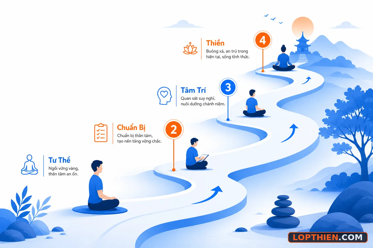 Lộ trình bốn bước chuẩn bị thiền: tư thế, chuẩn bị, tâm trí, thiền