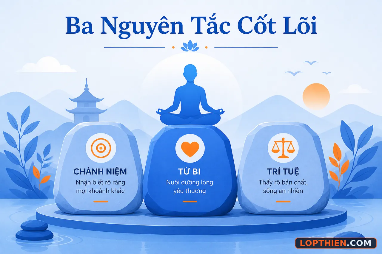 Ba nguyên tắc cốt lõi giúp thực hành thiền bền vững minh họa vector