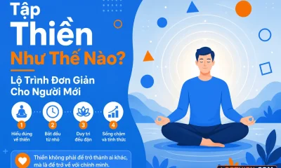 Tập thiền: hình minh họa người thiền định với ánh sáng tỏa ra, bình yên
