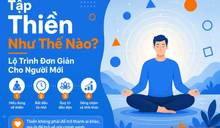 Tập thiền: hình minh họa người thiền định với ánh sáng tỏa ra, bình yên