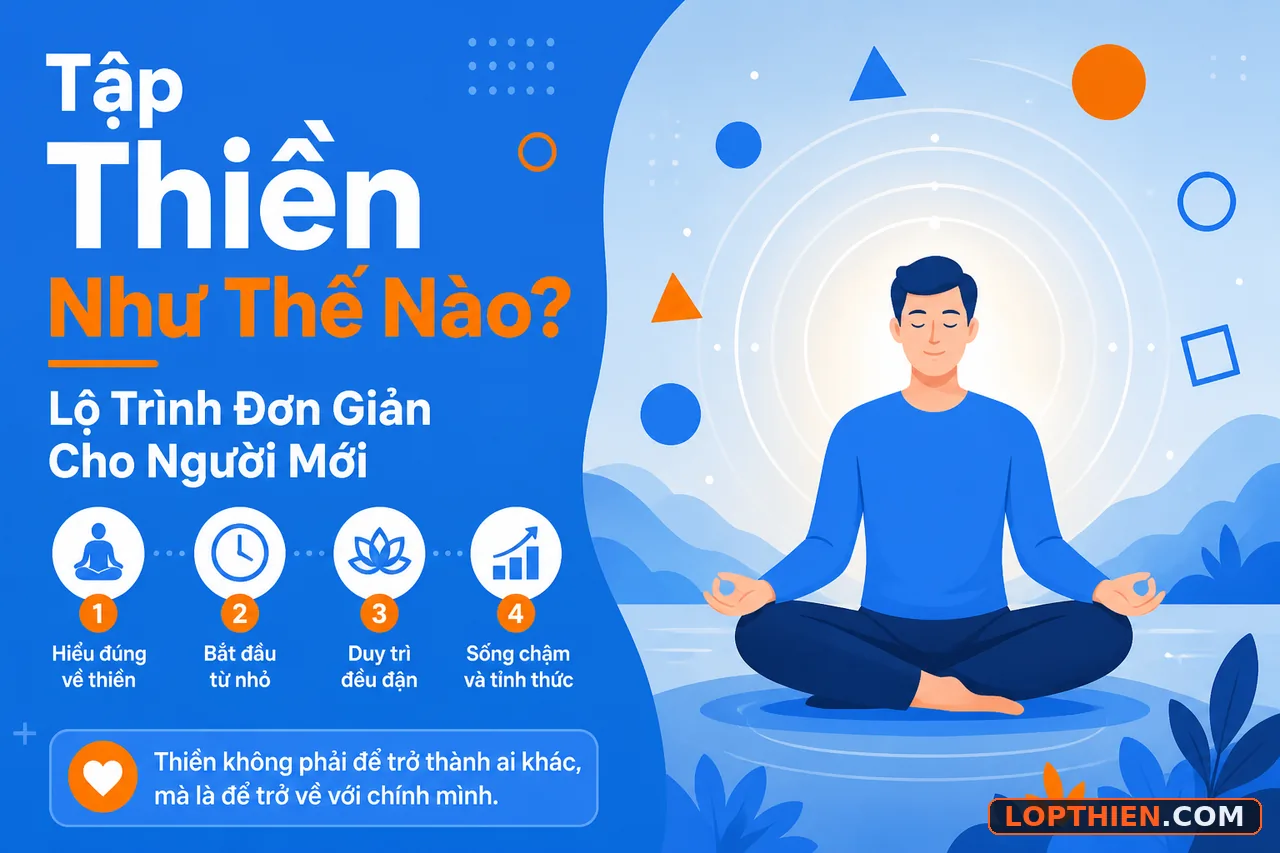 Tập thiền: hình minh họa người thiền định với ánh sáng tỏa ra, bình yên