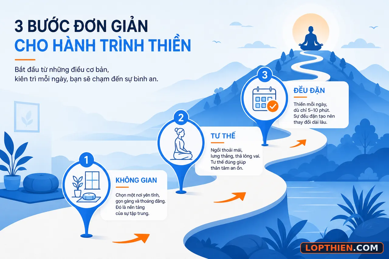 Con đường thiền định với ba yếu tố thực hành đều đặn