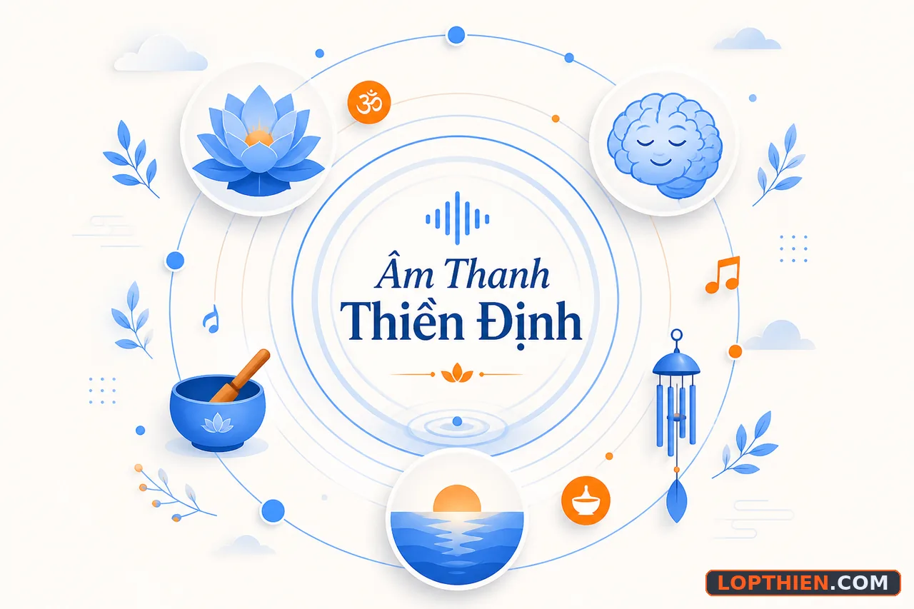 Khái niệm âm thanh thiền định qua sóng âm và biểu tượng chánh niệm.