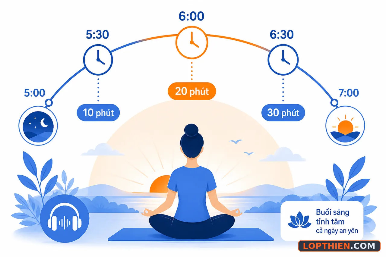Nghe audio thiền buổi sáng vào thời điểm phù hợp cho hiệu quả tốt nhất.