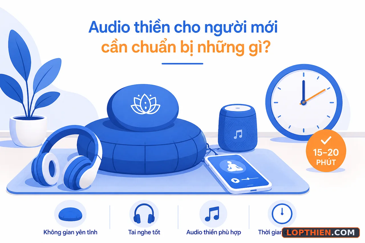 Chuẩn bị cơ bản cho buổi thiền audio: gối, tai nghe, và không gian yên tĩnh.