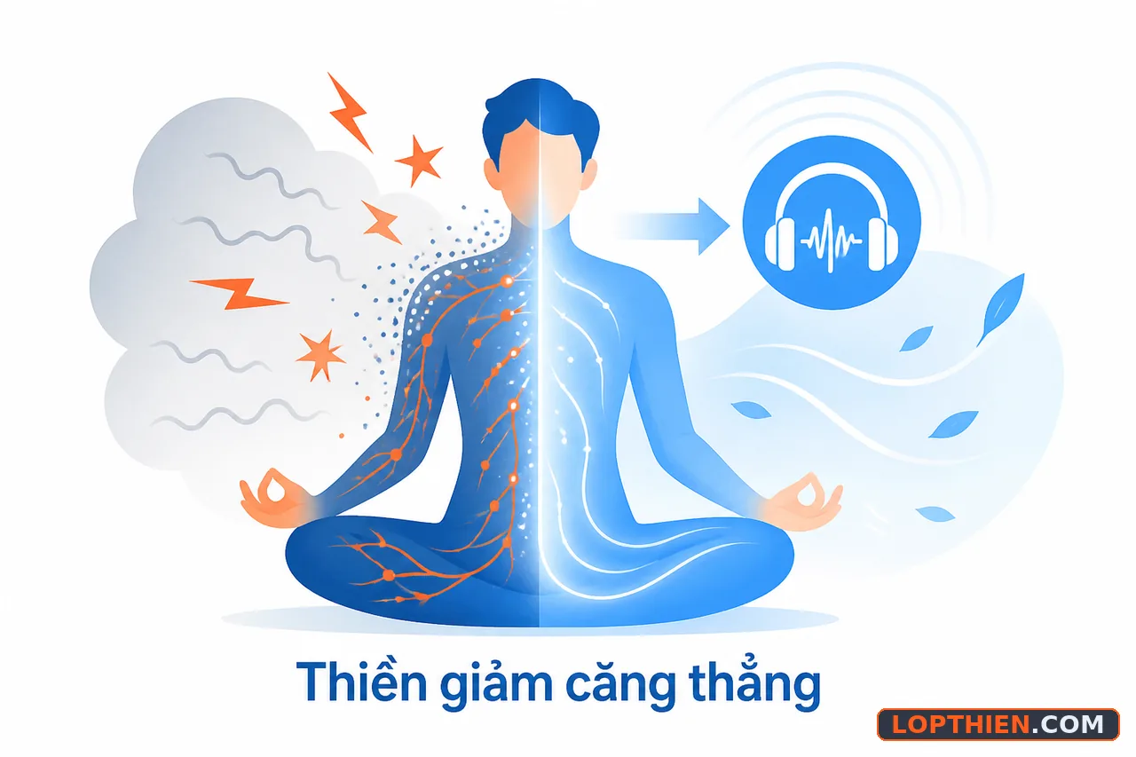 Audio thiền kích hoạt cơ chế giảm căng thẳng sinh lý học hiệu quả.