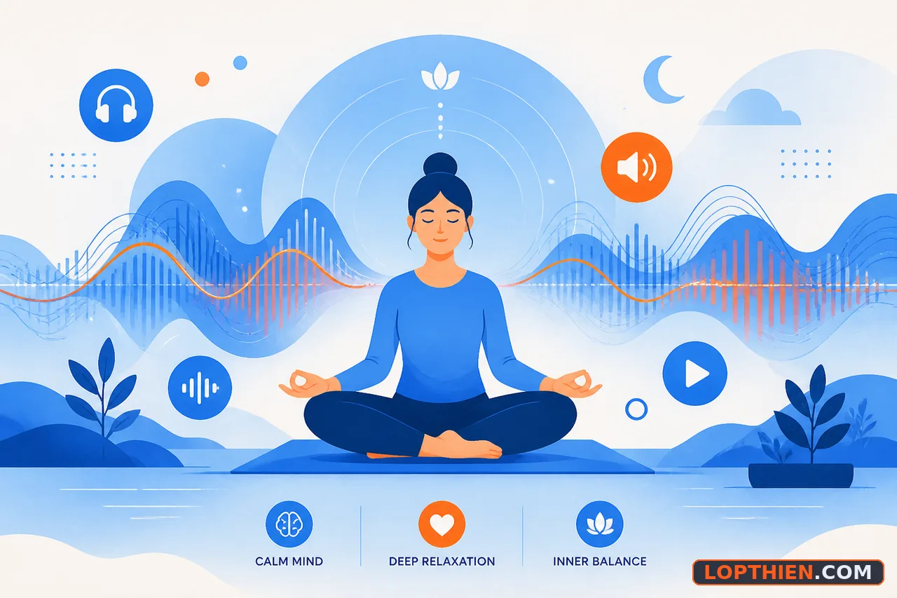 Minh họa vector thiền audio với sóng âm thanh trừu tượng hướng dẫn thư giãn