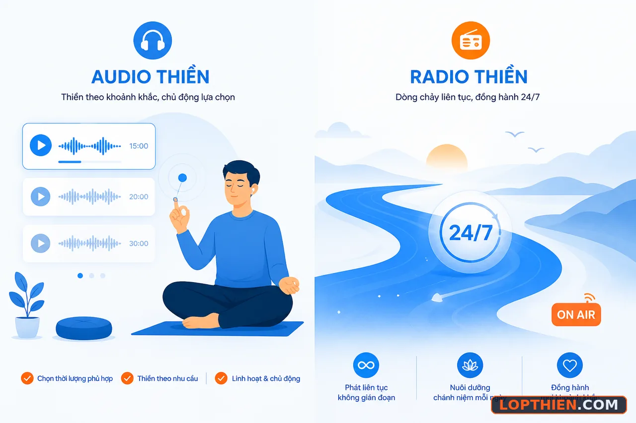 Âm thanh thiền: so sánh audio thiền và radio thiền liên tục