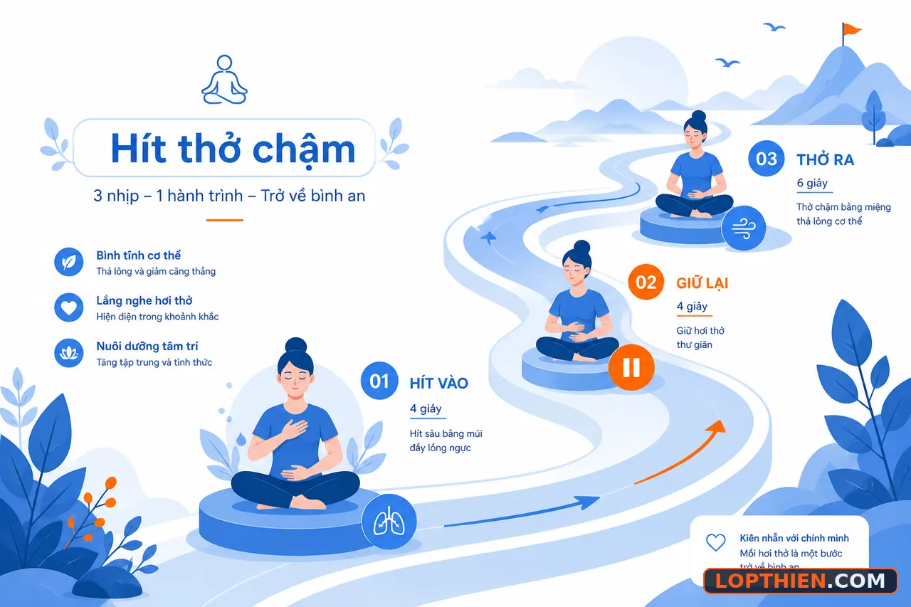 Kỹ thuật hít thở chậm 4 giây, giữ 2 giây, thở ra 6 giây