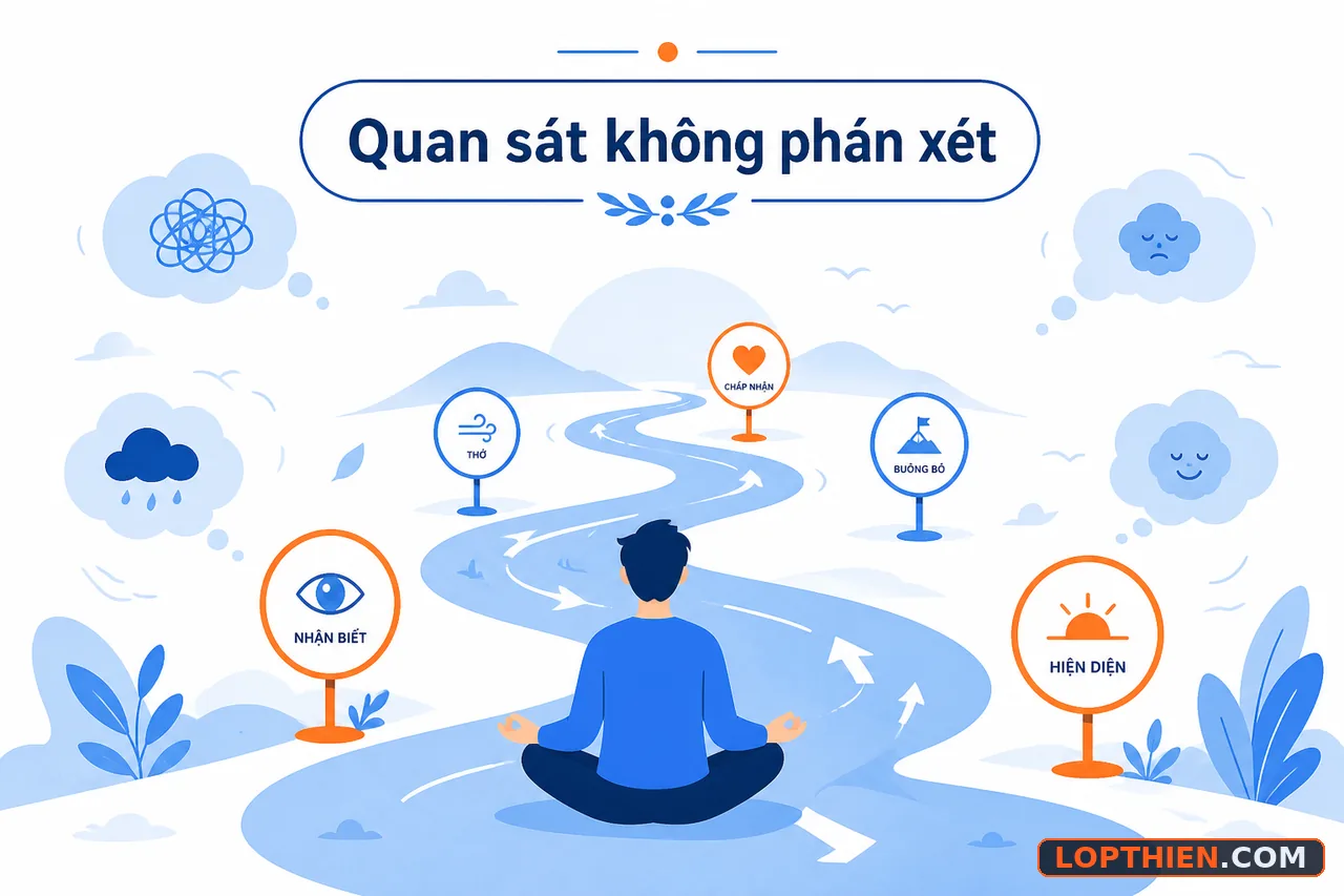 Quan sát suy nghĩ không phán xét, tâm trí yên tĩnh qua luyện thiền