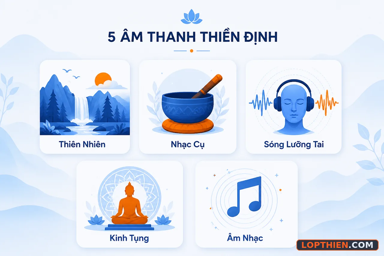 Năm loại âm thanh thư giãn phổ biến dùng trong thiền định