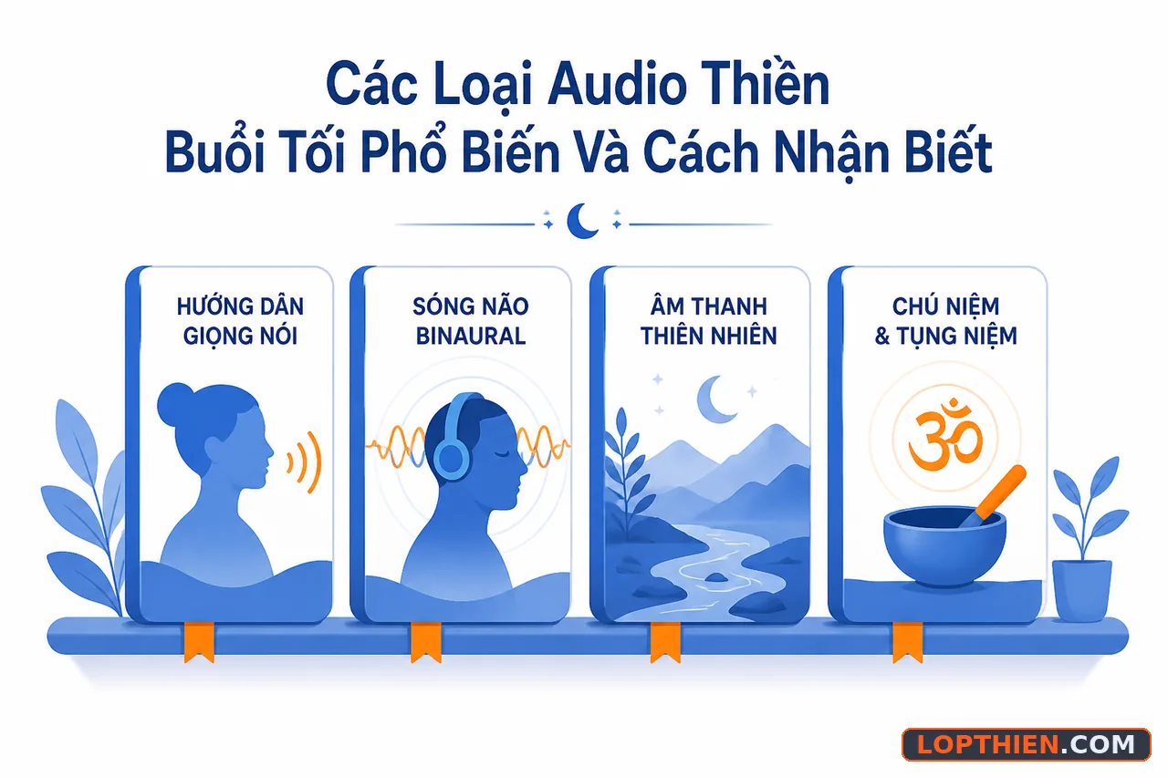 Các loại audio thiền buổi tối khác nhau theo kỹ thuật và mục đích sử dụng.