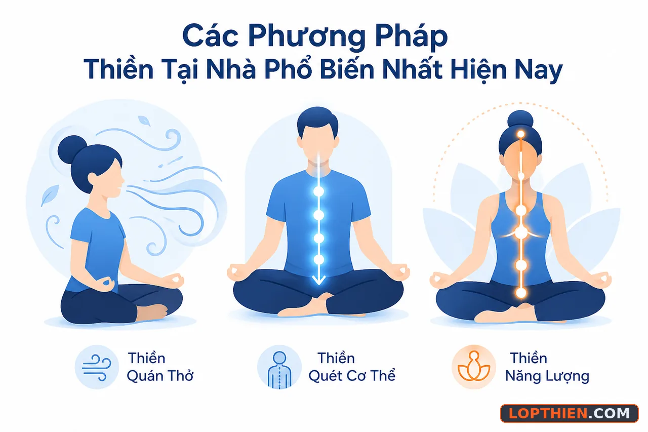 Ba phương pháp thiền phổ biến: hơi thở, quét thân, và năng lượng.