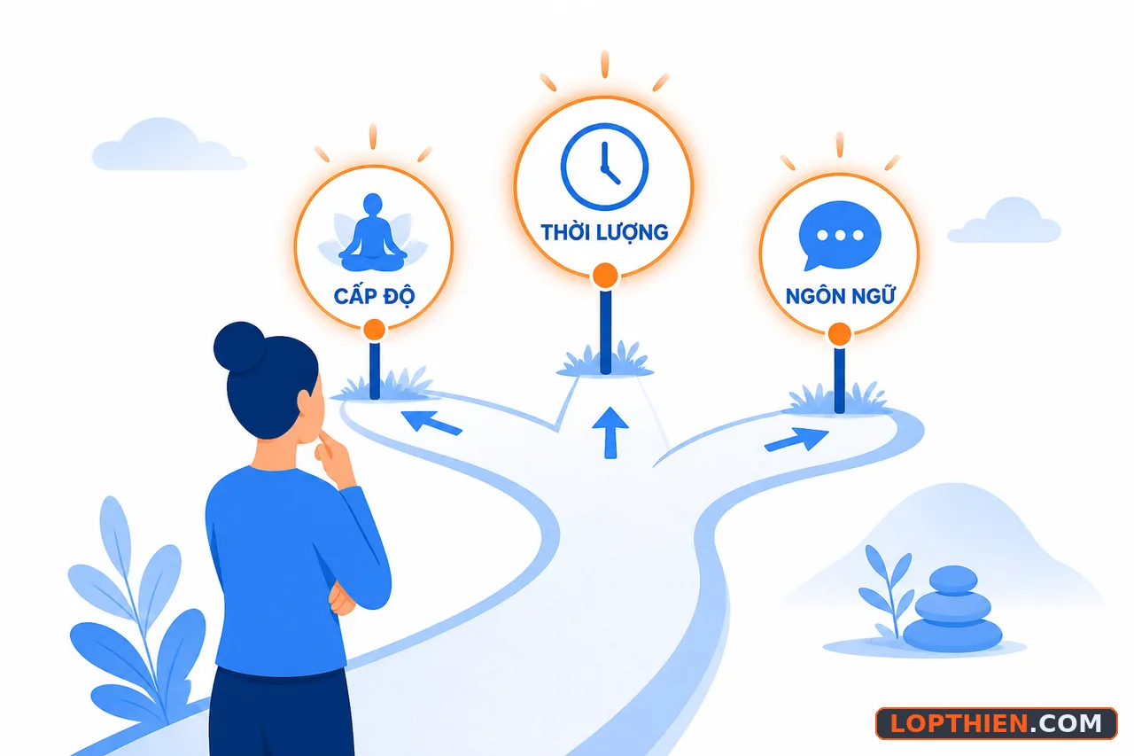 Chọn audio thiền phù hợp dựa trên trình độ, thời lượng và ngôn ngữ của bạn.