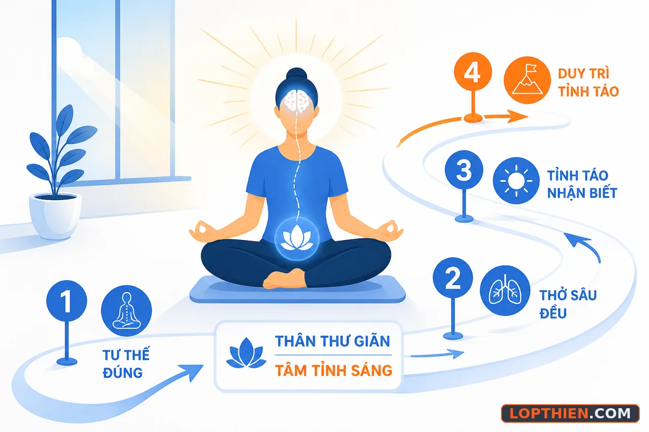 Duy trì tỉnh táo và sự thư giãn đều đặn trong toàn bộ buổi thiền.