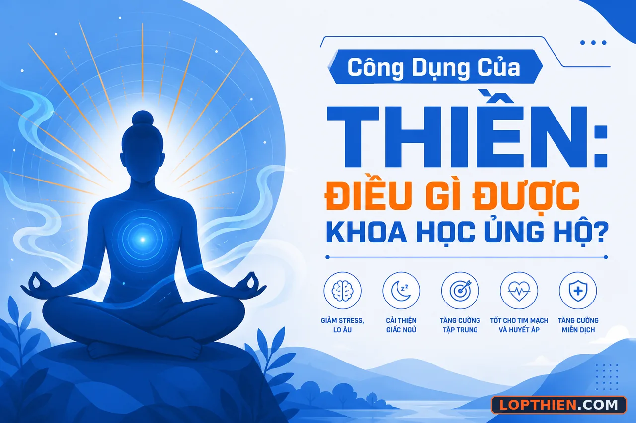 Công dụng của thiền: minh họa người thiền định với aura sáng xanh cam