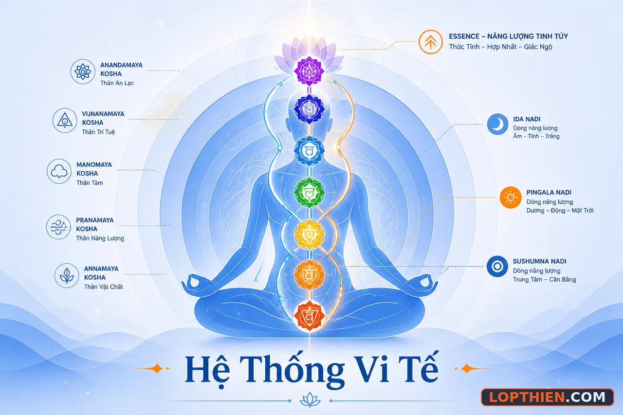 Hệ thống vi tế kundalini: chakras, nadis, koshas năng lượng