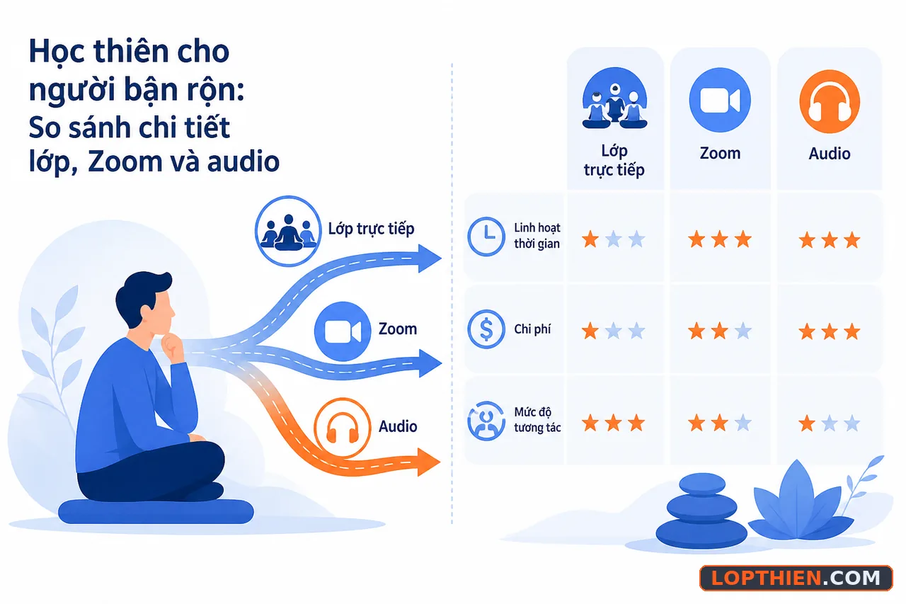 so sánh chi tiết lớp học thiền, Zoom và audio tự học