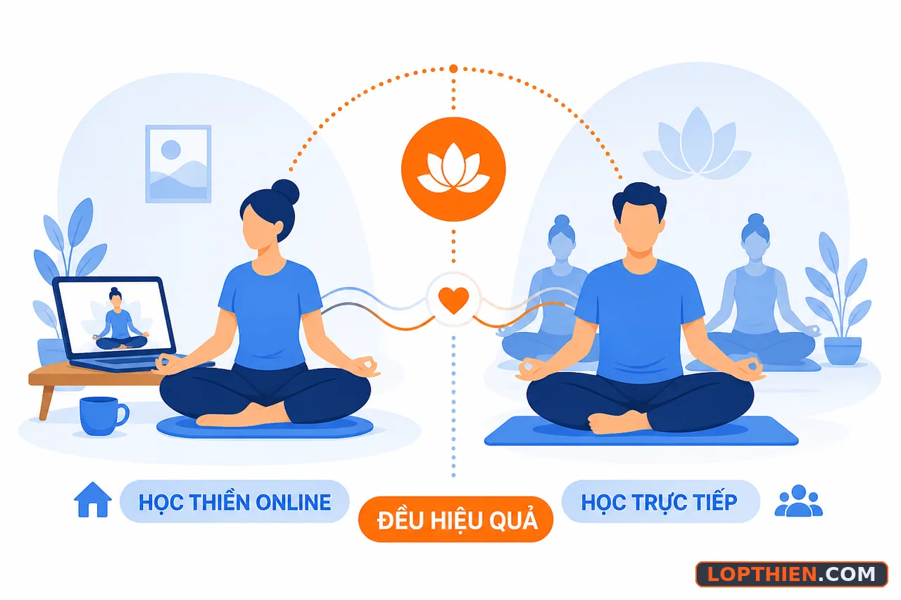 So sánh thiền online và học trực tiếp, hiệu quả tương đương nhau.
