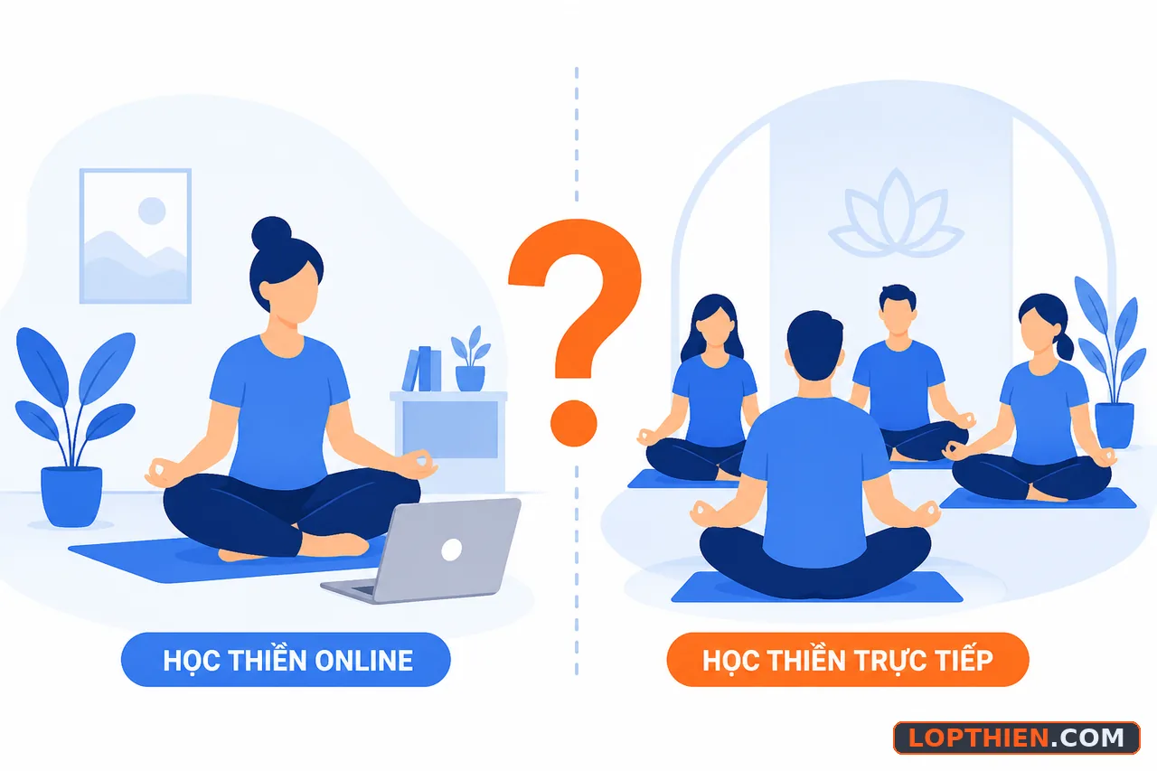 Hai hình thức lớp thiền online và trực tiếp có điểm khác biệt rõ ràng.
