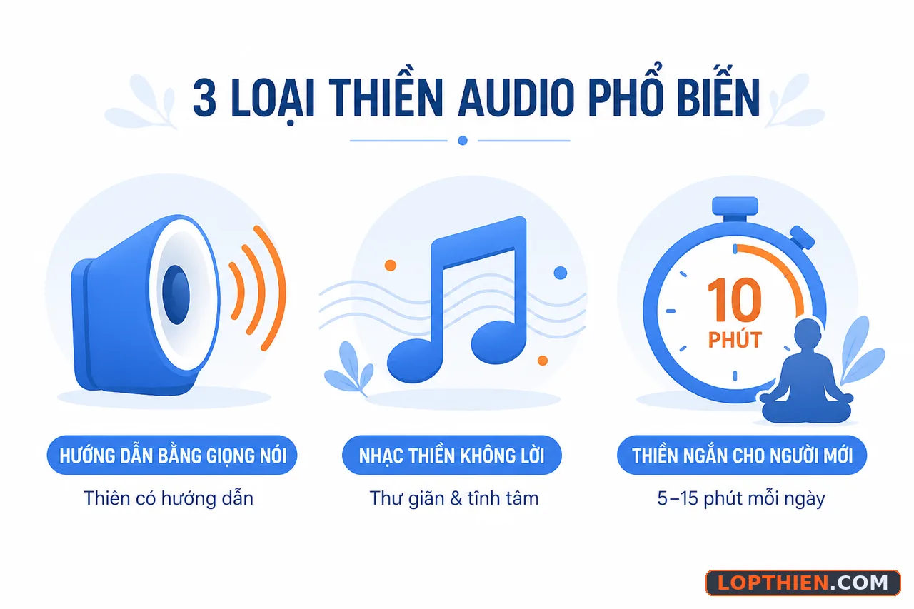Ba loại bài thiền audio phổ biến: giọng hướng dẫn, nhạc, và bài ngắn.