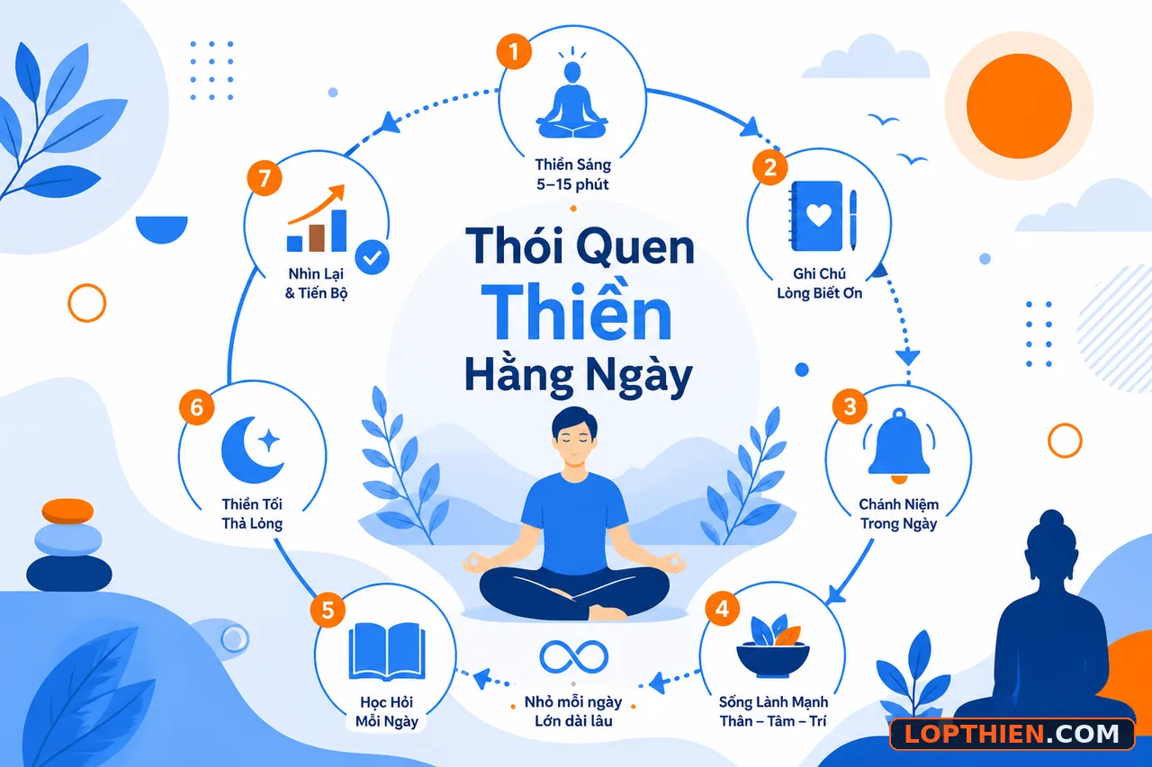 Thói quen thiền hằng ngày bền vững được tích hợp vào lịch trình hàng ngày