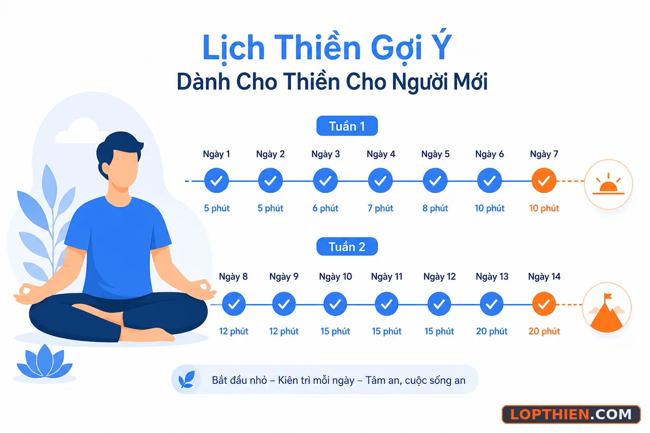 Lịch thực hành thiền đơn giản cho người mới, xây dựng thói quen trong hai tuần đầu.