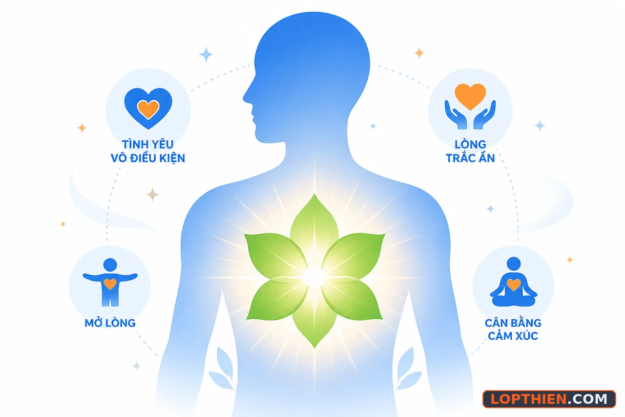Sen nở tại luân xa tim, biểu tượng của tình yêu và lòng từ bi vô điều kiện.