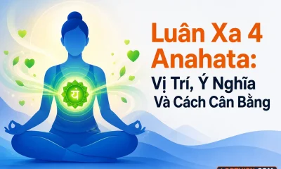 Luân xa 4 anahata ở trung tâm ngực, tỏa sáng xanh lá trong tư thế thiền định.