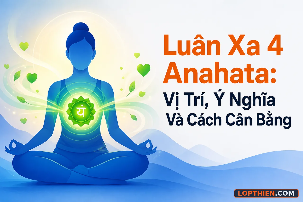Luân xa 4 anahata ở trung tâm ngực, tỏa sáng xanh lá trong tư thế thiền định.