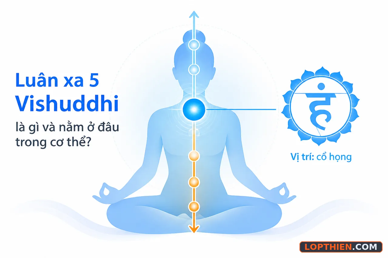 Vị trí luân xa năm Vishuddhi ở vùng cổ họng trong hệ thống năng lượng.