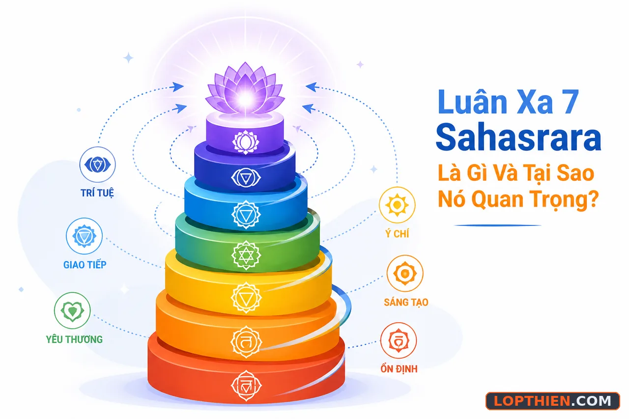 Luân xa sahasrara cao nhất tích hợp năng lượng từ sáu luân xa bên dưới.