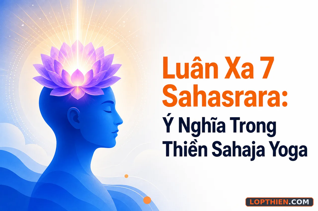 luân xa 7 sahasrara nở hoa tại đỉnh đầu, kết nối với ý thức vũ trụ và giác ngộ tâm linh.