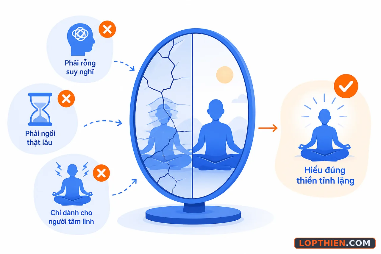 Những hiểu lầm về thiền bị phá vỡ để lộ sự thật rõ ràng.