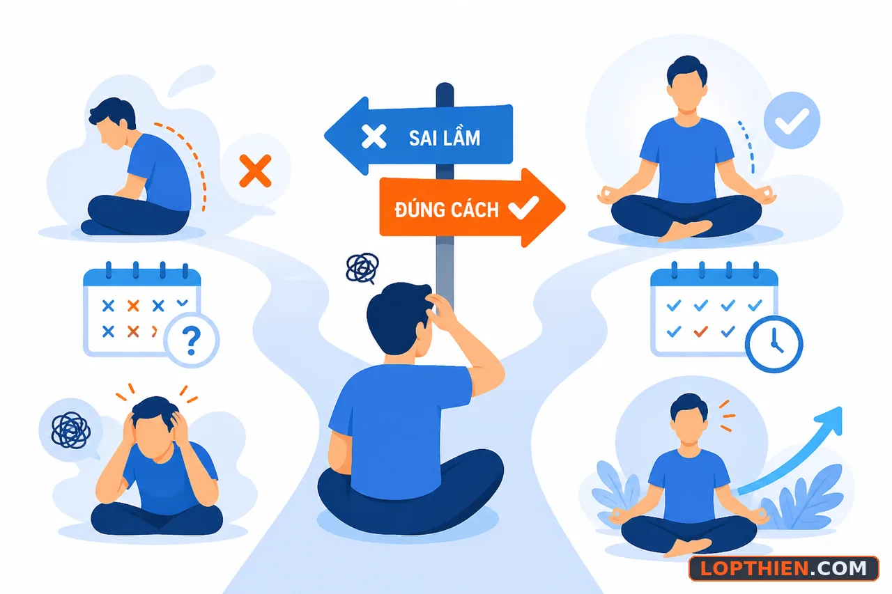 Những lỗi phổ biến khi thiền khiến không thấy kết quả do thiếu lịch và tư thế sai.