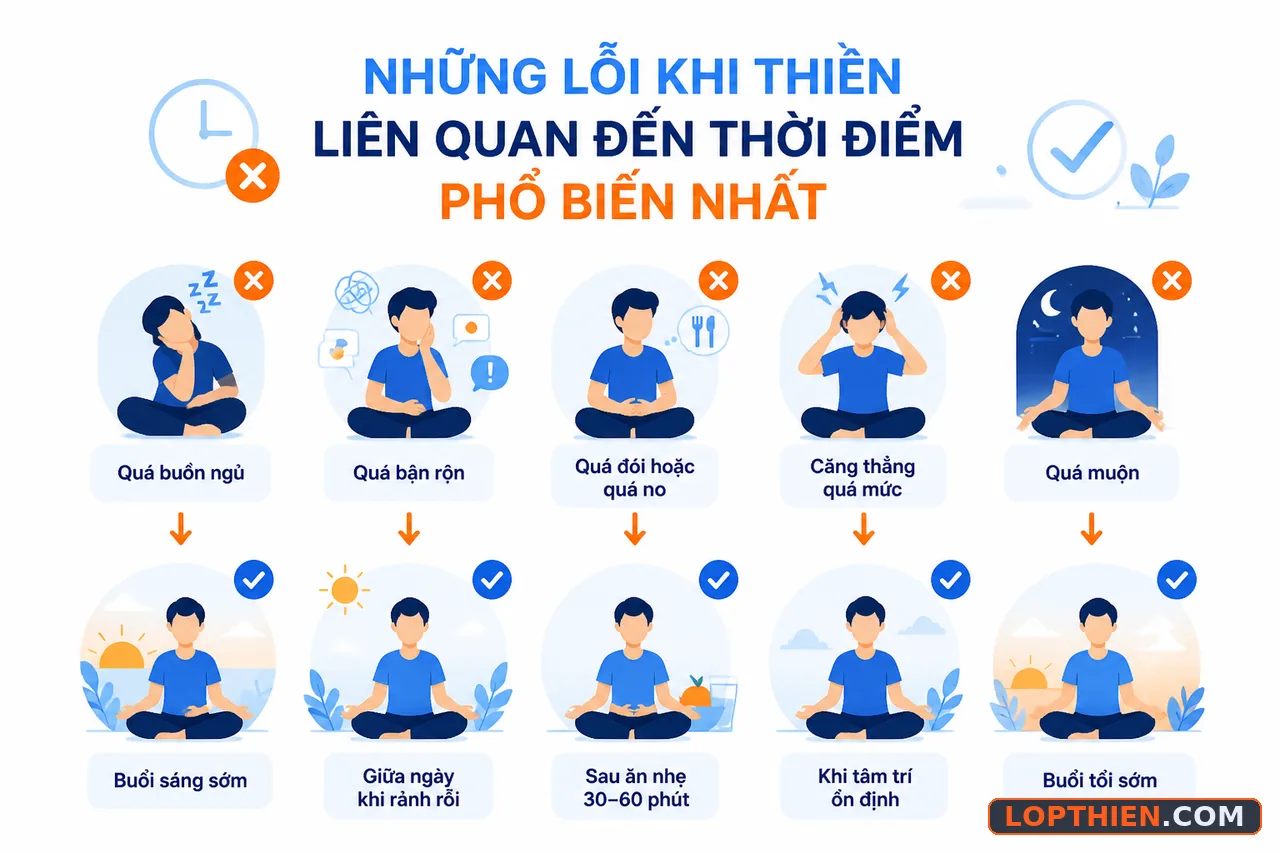 Những sai lầm khi chọn thời gian thiền ảnh hưởng đến hiệu quả thực hành.