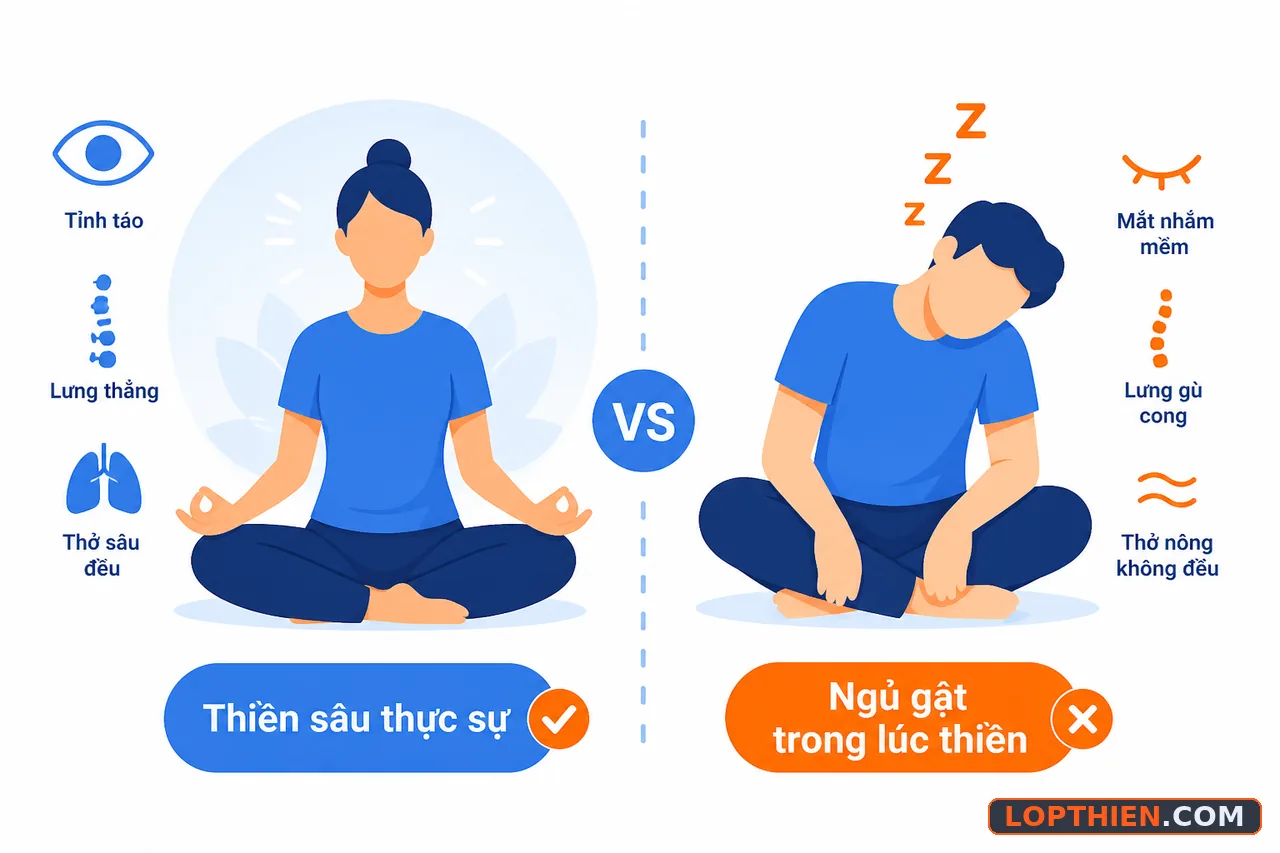 Phân biệt rõ ràng giữa thiền thực sự và ngủ gật khi thiền định.