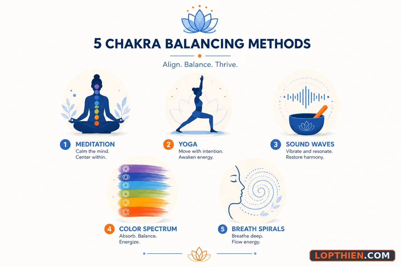 Năm phương pháp cân bằng luân xa: thiền, yoga, âm thanh, màu sắc, hơi thở