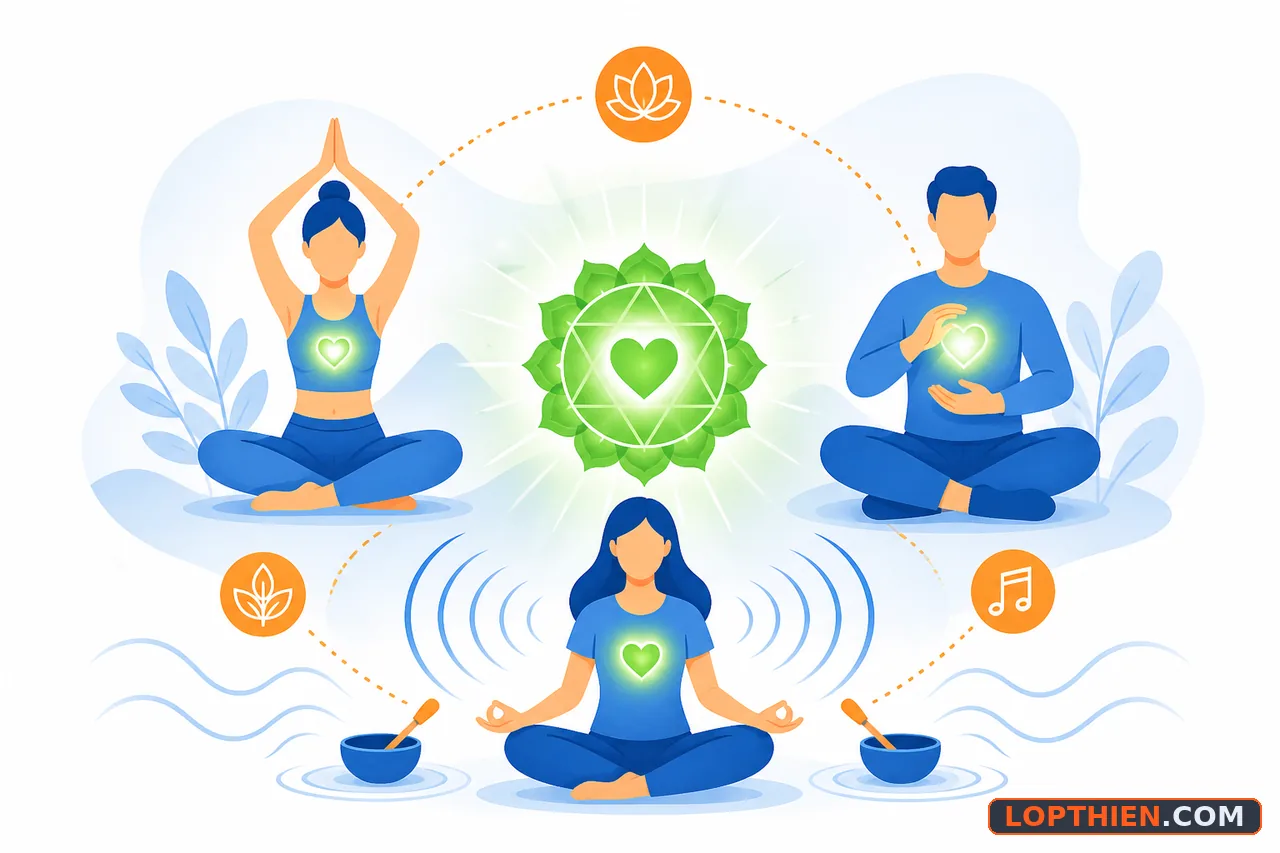 Các phương pháp cân bằng luân xa tim: thiền, yoga, âm thanh và năng lượng.