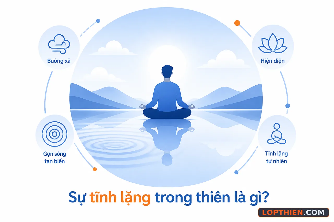 Nước yên tĩnh phản ánh bầu trời, biểu tượng của trạng thái tĩnh lặng tự nhiên.