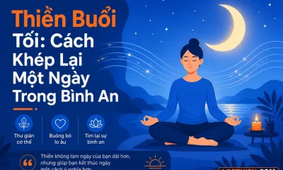 Thiền buổi tối minh họa: người thiền dưới trăng với sóng yên bình