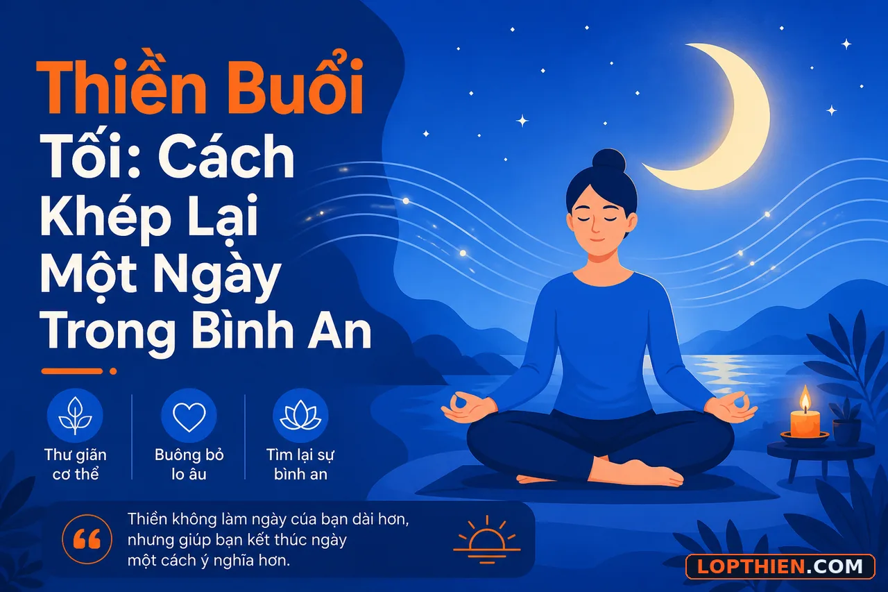 Thiền buổi tối minh họa: người thiền dưới trăng với sóng yên bình