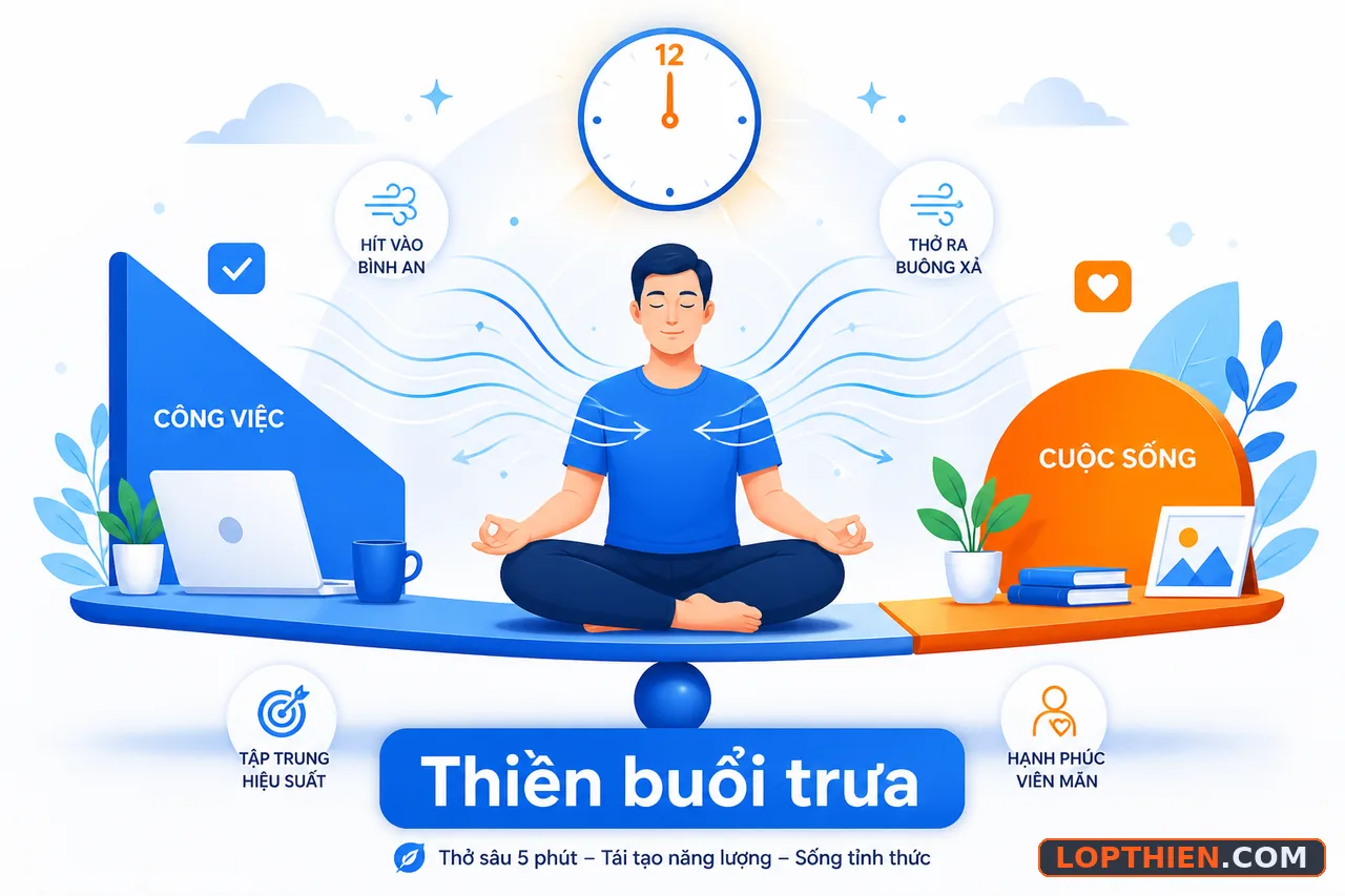 Thiền buổi trưa giúp tỉnh táo, cân bằng tinh thần giữa ngày làm việc.