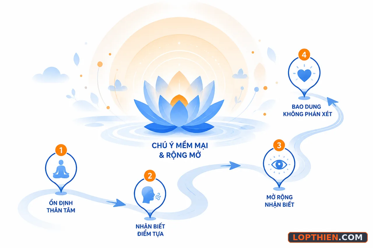 Chú ý mềm mại, mở rộng và không phán xét là kiểu chú ý thiền đúng cách