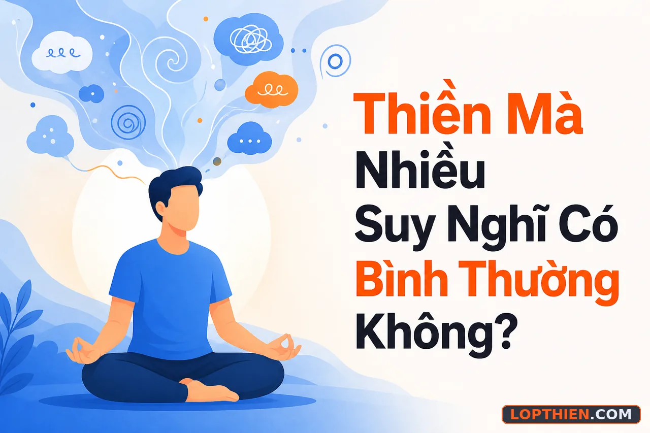 Thiền nhiều suy nghĩ có bình thường không, một người ngồi thiền với dòng suy nghĩ xoay quanh.