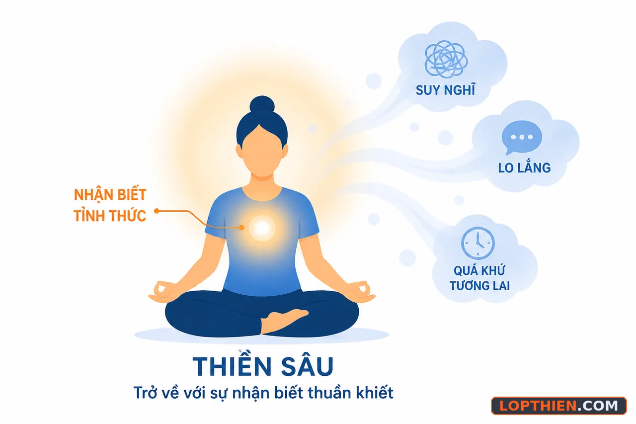 Định nghĩa thiền sâu là trạng thái tỉnh táo mà không suy nghĩ liên tục.