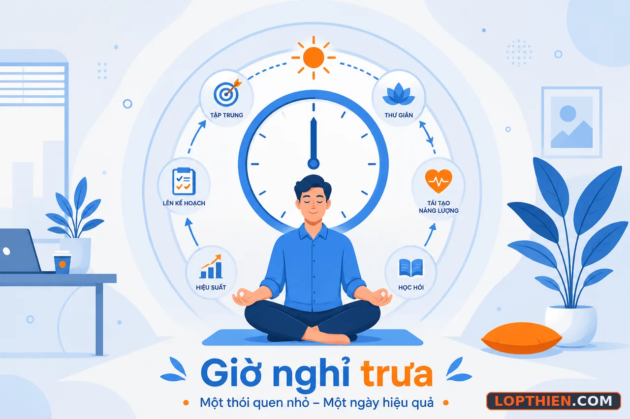 Thói quen thiền buổi trưa - người thiền định, đồng hồ, vòng lặp hằng ngày